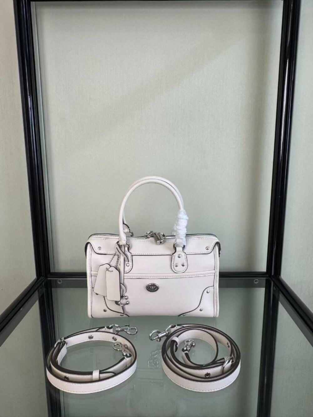 Coach White Smooth Leather Mini Satchel Silver Rivet Turnlock Bag